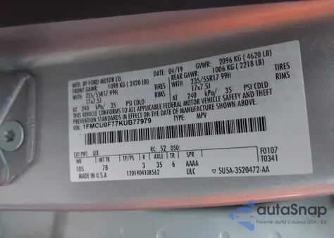 2019 Ford Escape S from USA, damaged, VIN 1FMCU0F77KUB77979